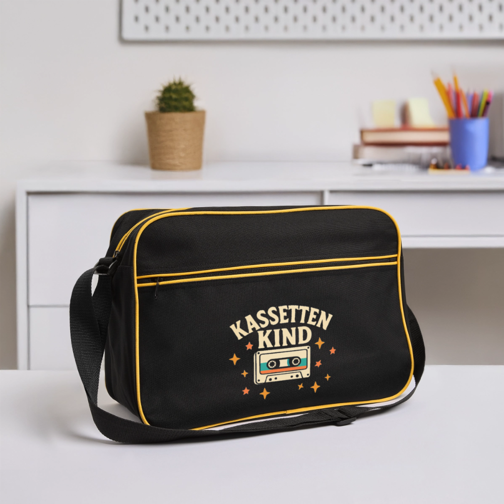 Kassettenkind, große Retro-Tasche /Umhängetasche mit längenverstellbaren Schultergurt - black/gold