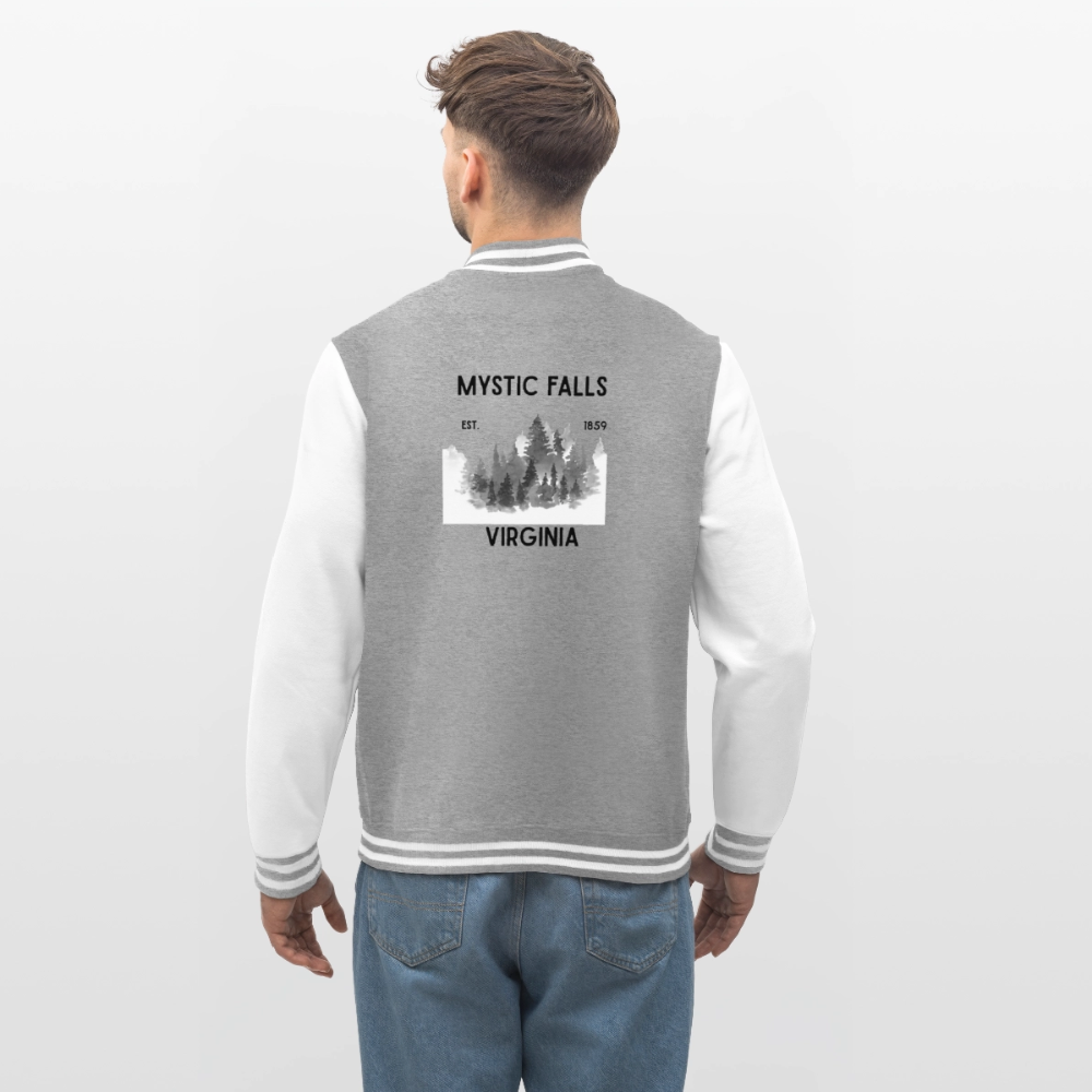 "Mystic Falls" inspiriert von Vampire Diaries, weiche Collegejacke in Premium-Qualität - heather grey/white
