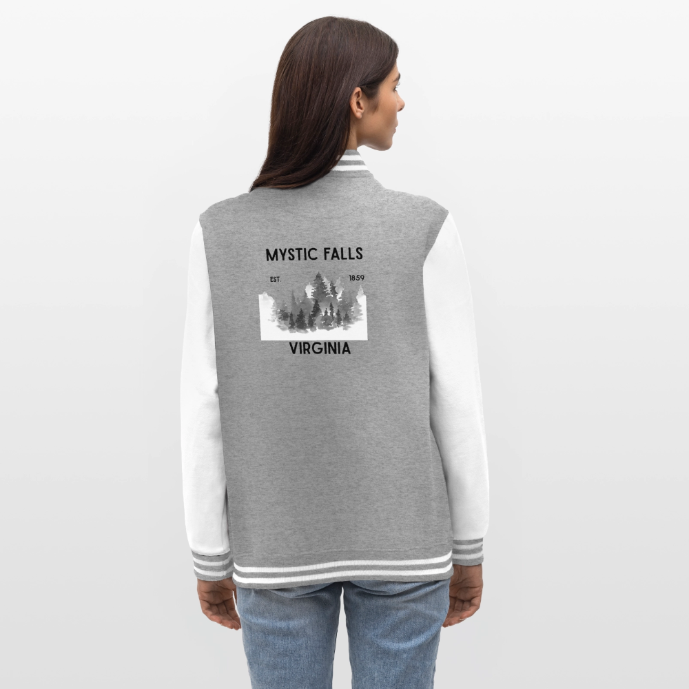 "Mystic Falls" inspiriert von Vampire Diaries, weiche Collegejacke in Premium-Qualität - heather grey/white