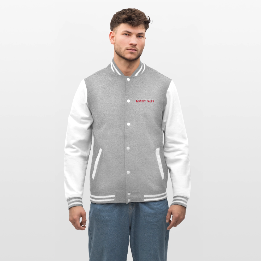 "Mystic Falls" inspiriert von Vampire Diaries, weiche Collegejacke in Premium-Qualität - heather grey/white
