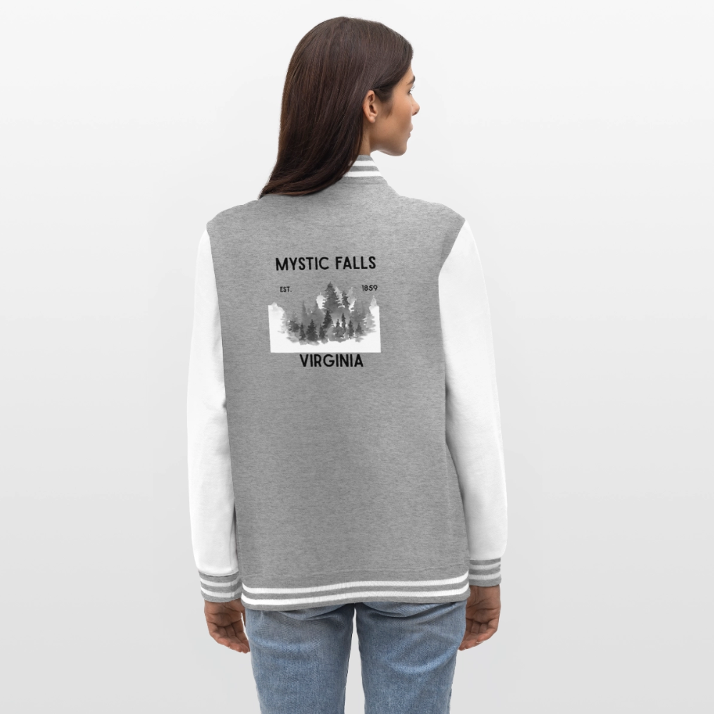 "Mystic Falls" inspiriert von Vampire Diaries, weiche Collegejacke in Premium-Qualität - heather grey/white