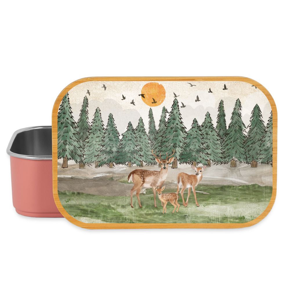 Rehe allein im Wald, Lunchbox aus Metall mit Holzdeckel, Brotdose - light pink