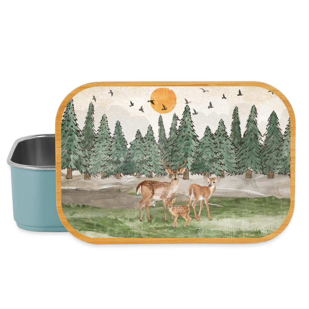 Rehe allein im Wald, Lunchbox aus Metall mit Holzdeckel, Brotdose - light blue