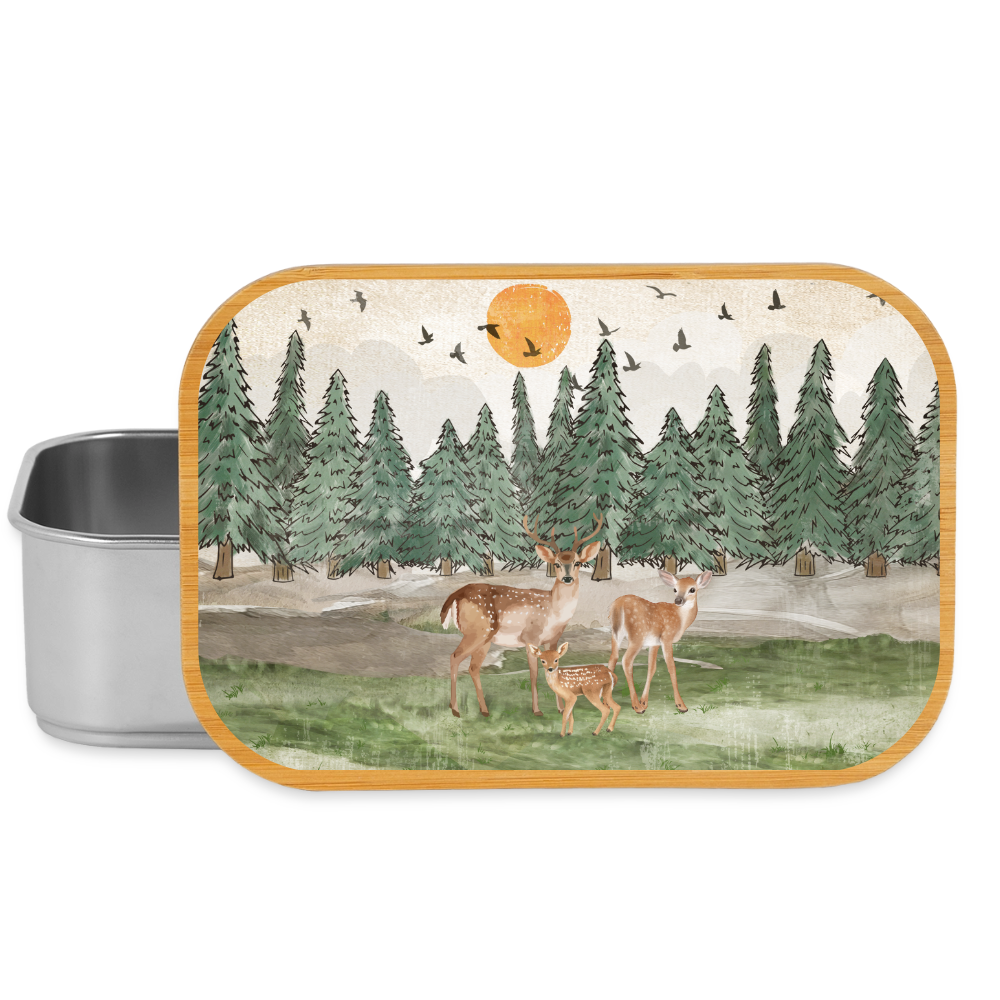 Rehe allein im Wald, Lunchbox aus Metall mit Holzdeckel, Brotdose - silver