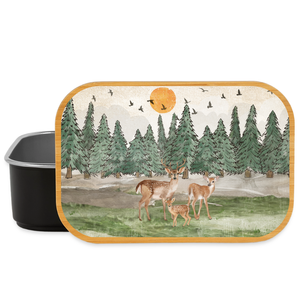 Rehe allein im Wald, Lunchbox aus Metall mit Holzdeckel, Brotdose - black