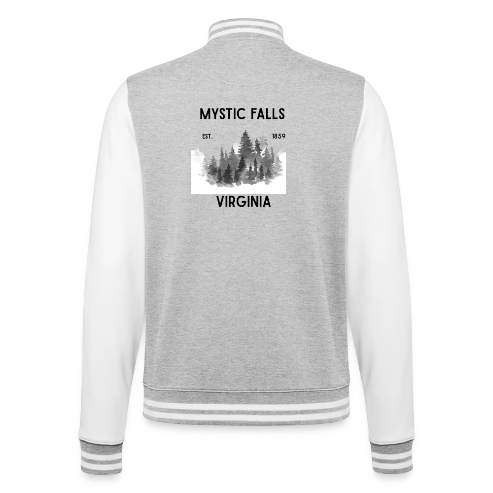 "Mystic Falls" inspiriert von Vampire Diaries, weiche Collegejacke in Premium-Qualität - heather grey/white