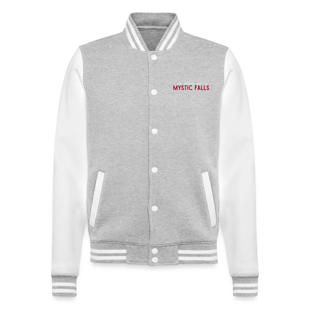 "Mystic Falls" inspiriert von Vampire Diaries, weiche Collegejacke in Premium-Qualität - heather grey/white
