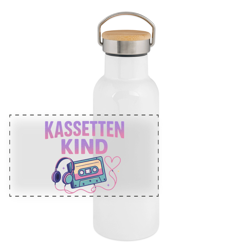 Kassettenkind Thermoflasche, Trinkflasche aus Edelstahl mit Bambus-Verschluss in  400ml, 500 ml oder 750ml - white