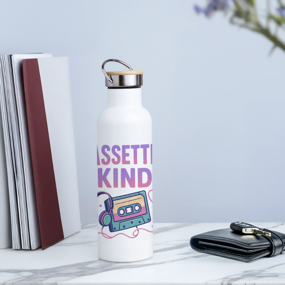 Kassettenkind Thermoflasche, Trinkflasche aus Edelstahl mit Bambus-Verschluss in  400ml, 500 ml oder 750ml - white