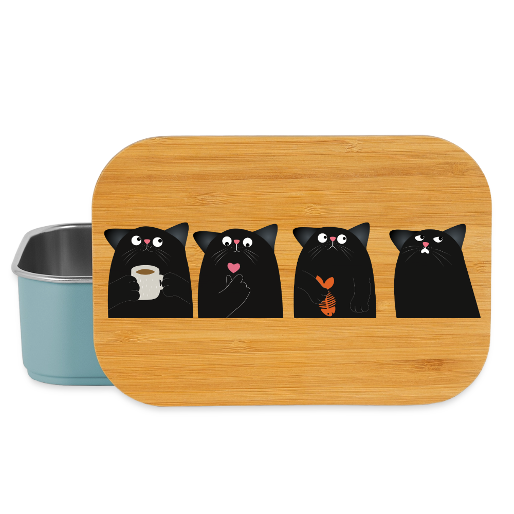 Four Cats, Lunchbox aus Metall mit Holzdeckel, Brotdose - light blue