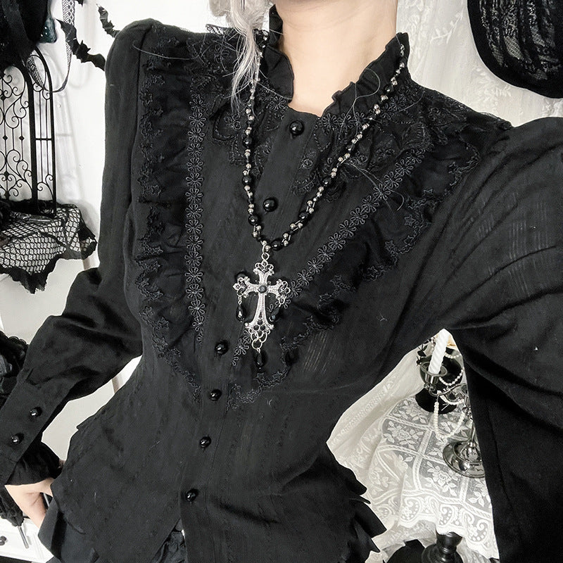 Gothic Jacquard Bluse in Schwarz