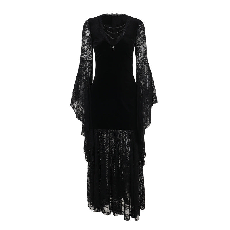 Gothic Samtkleid mit Spitze und Fledermausärmeln