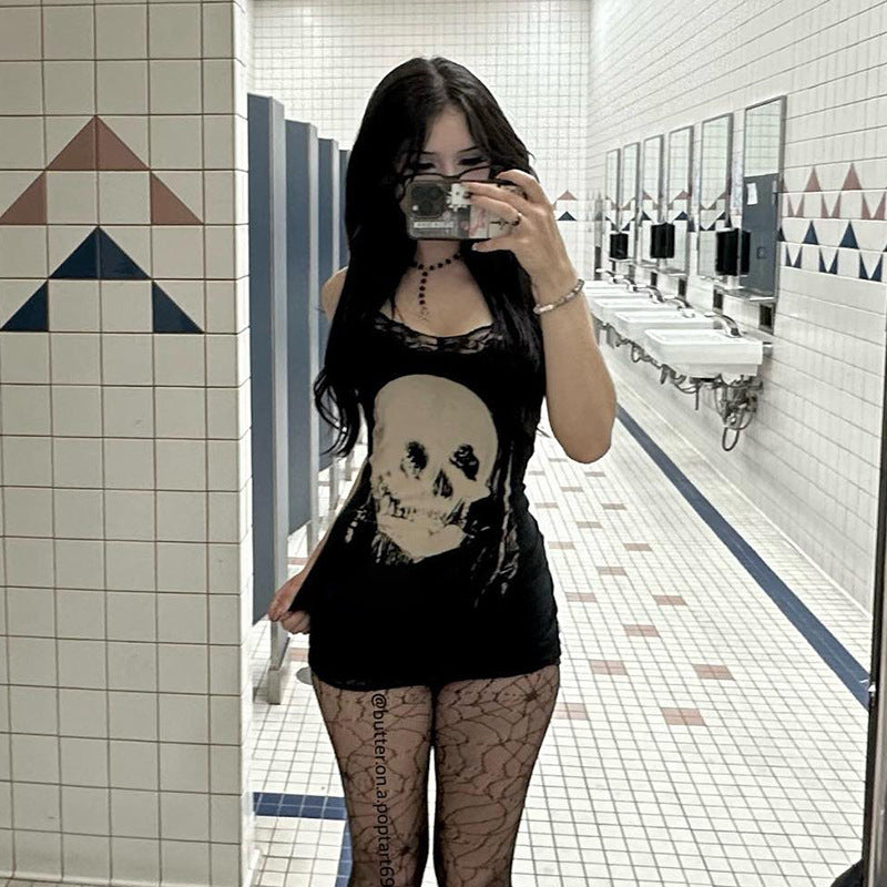 Gothic Trägerkleid mit Totenkopf-Print