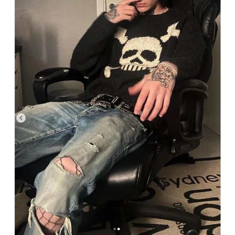 Skull Jacquard Strickpullover im Gothic Retro Stil