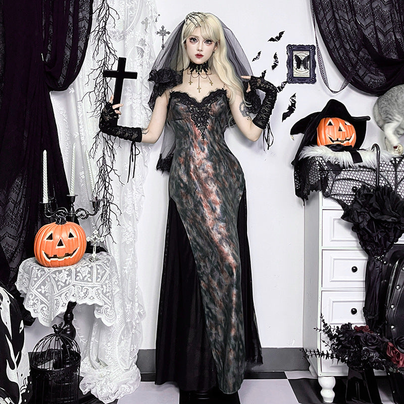 Gothic Jacquard Midikleid in Dunkelgrün