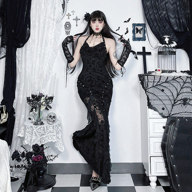 Gothic Meerjungfrauen Maxikleid mit Jacquardmuster