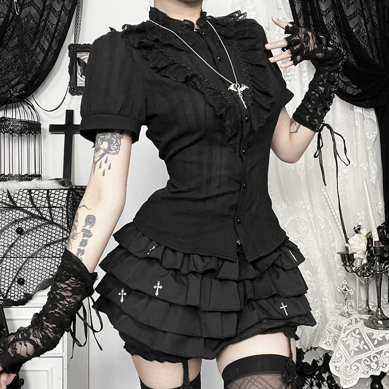 Gothic Kurzarmbluse mit Jacquardmuster