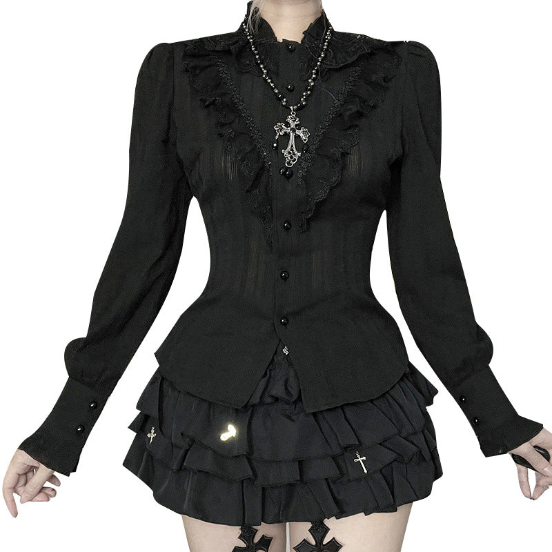 Gothic Jacquard Bluse in Schwarz