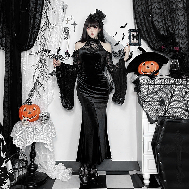 Gothic Hexenkleid mit schulterfreiem Design