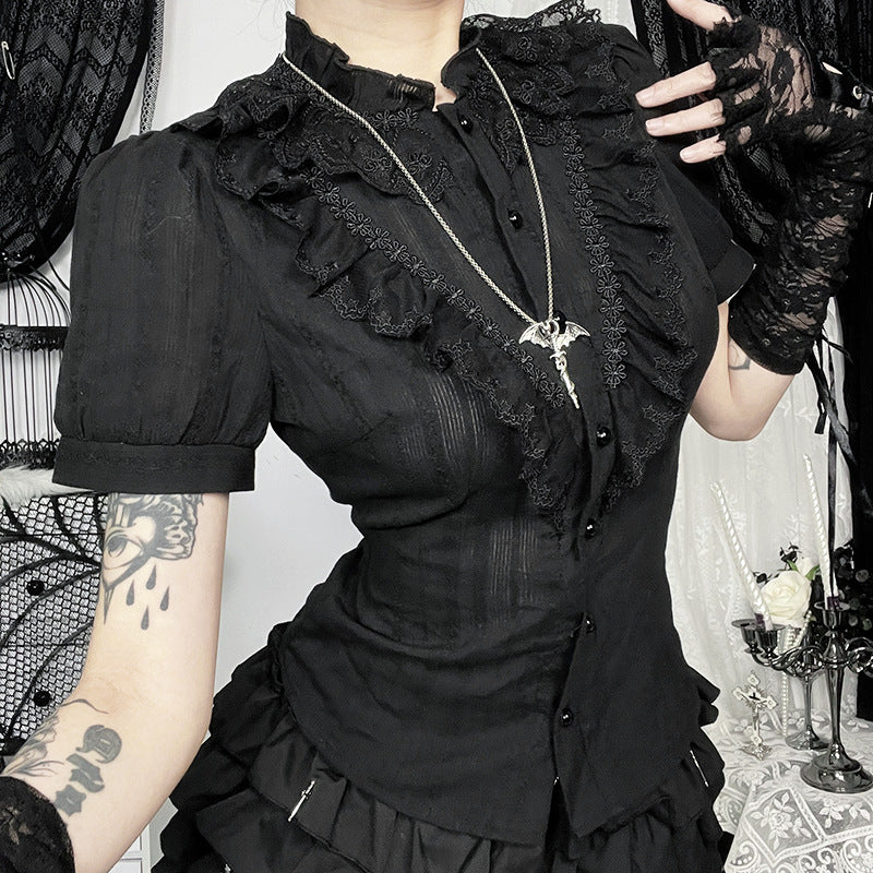 Gothic Kurzarmbluse mit Jacquardmuster