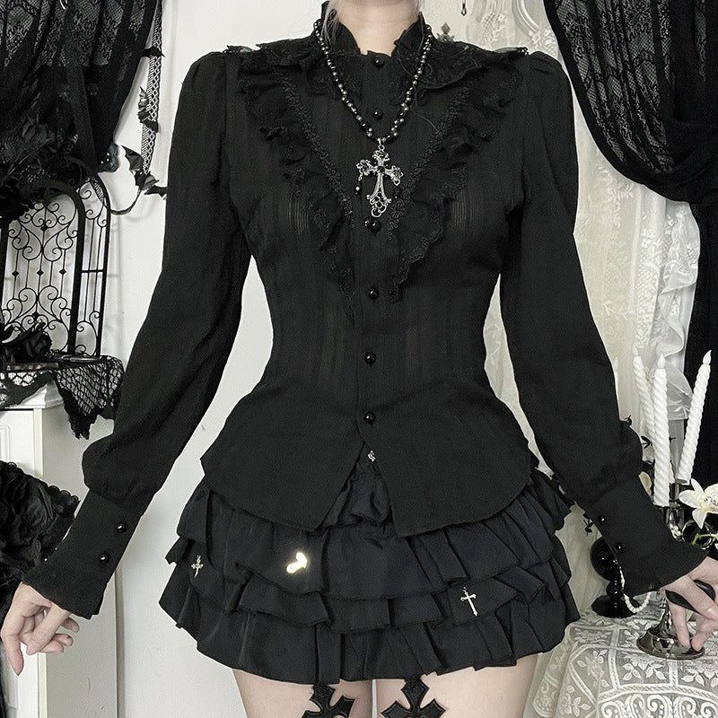 Gothic Jacquard Bluse in Schwarz