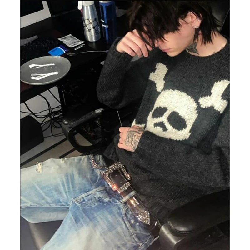 Skull Jacquard Strickpullover im Gothic Retro Stil