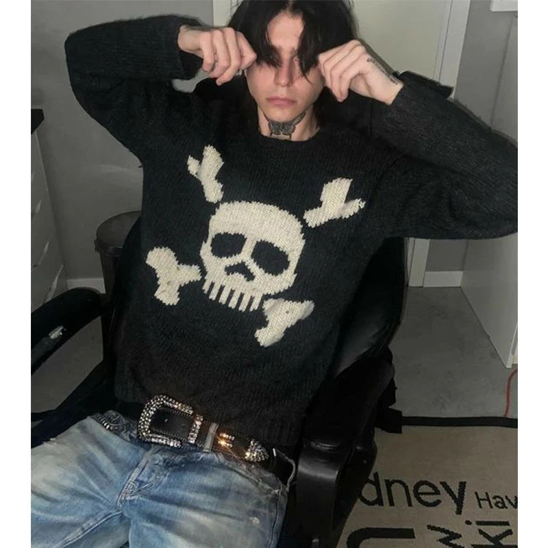 Skull Jacquard Strickpullover im Gothic Retro Stil